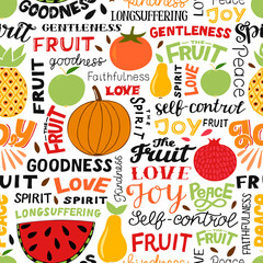 Seamless pattern with hand lettering words Fruit, Spirit, Love, Joy, Peace.