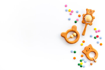 kids desk with toys and candy from above space for text