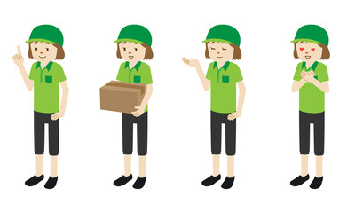 Illustration set of 4 poses of Courier delivery woman standing