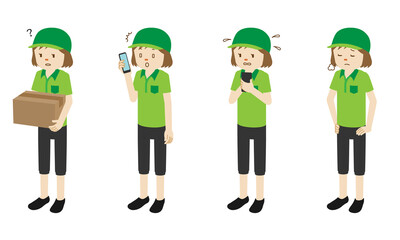 Illustration set of 4 poses of Courier delivery woman standing
