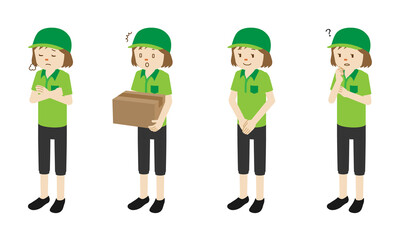 Illustration set of 4 poses of Courier delivery woman standing