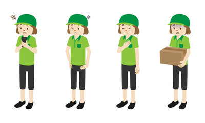 Illustration set of 4 poses of Courier delivery woman standing