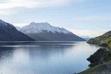 Naklejka na ściany i meble Beautiful Landscape of Mountain Ranges and Lake Wakatipu Queenstown, New Zealand; South Island