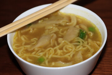 Thukpa, Tibetan noodle soup, vegetables and mushroom, famous variant among Tibetan people and Himalayan people of Nepal, consumed in the Sikkim and north east India