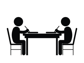 Fototapeta premium Two Students Studying Writing on Desk Opposite Each Other. Black and White Vecor File