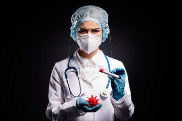 Photo of scientist lady hold covid bacteria blood probe tube analyze infecting process discovered...