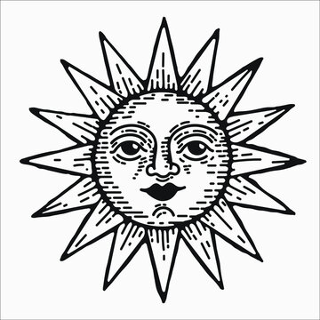 hand drawn sun vector vintage style clipart element for logo design and branding. engraving illustration, isolated graphic icon