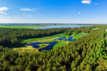 Aerial view of forest lake in beauty summer day, drone shot