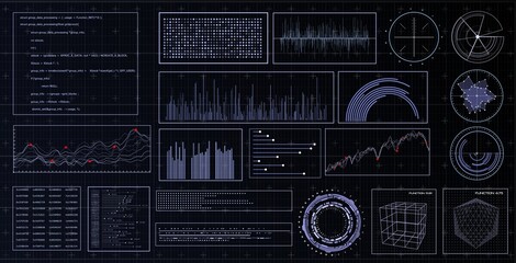 HUD futuristic interface. Hitech display with infographic elements. Dashboard with chart, diagram, line, graphic and data.