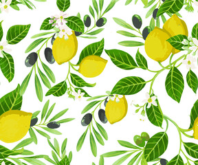 Lemon seamless pattern vector illustration. Lemons and olives colorful pattern in hand drawn doodle style. Perfect for fabric prints, ceramic, fashion design or wrapping paper.