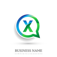 logo X letter, green and blue color on circle chat icon. Vector design for your logo application for company identity.