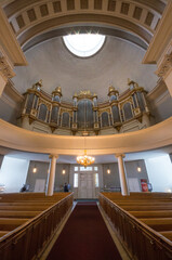 church with chandelier and organ in Helsinki