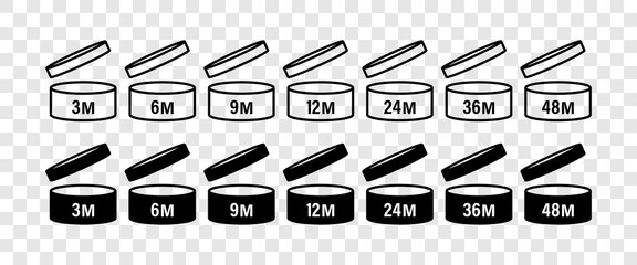 Pao signs. Pao icons. Cosmetic open month life shelf. Period after opening. Expiration period months PAO. Symbols set. Vector illustration