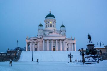 Helsinki Cathedral in winter during twilight