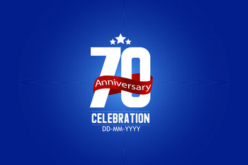 Patriotic 70 year anniversary celebration white color number USA Style Red ribbon on Blue Background - vector