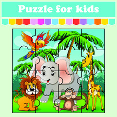 Puzzle game for kids. Animals in the meadow. Education worksheet. Color activity page. Riddle for preschool. Isolated vector illustration. Cartoon style.