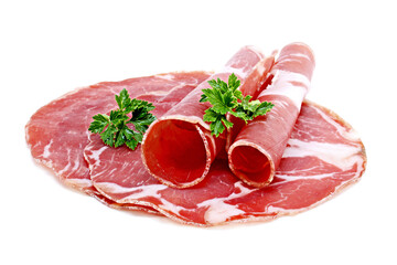 Sliced smoked pork neck isolated on white background