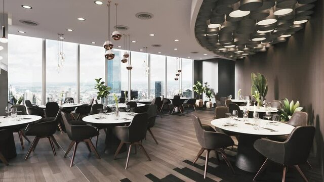 Banquet hall of the restaurant with served tables. 3d visualization