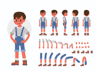 Little Boy Character Constructor for Animation.  Front, Side and Back View. Cute Kid in Trendy Clothes and Different Postures. Body Parts Collection. Flat Cartoon Vector Illustration. - obrazy, fototapety, plakaty