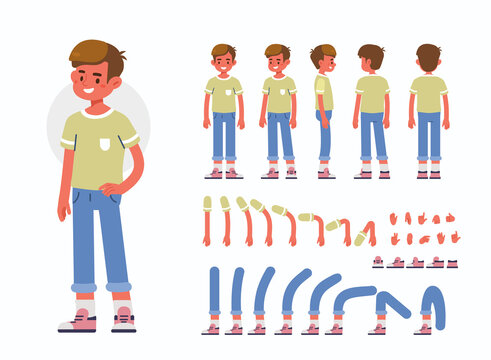 Little Boy Character Constructor for Animation.  Front, Side and Back View. Cute Kid in Trendy Clothes and Different Postures. Body Parts Collection. Flat Cartoon Vector Illustration.