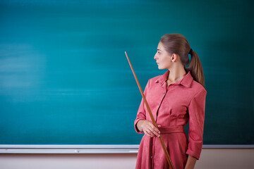 Young woman teacher stands at a blackboard with a pointer. Template for the school timetable and other information. Copy space.