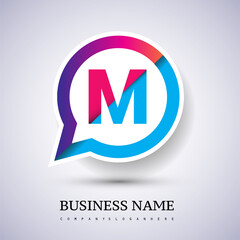 logo M letter colorful on circle chat icon. Vector design for your logo application for company identity.