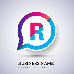 logo R letter colorful on circle chat icon. Vector design for your logo application for company identity.