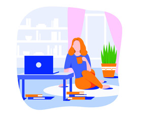 Cozy weekend with movies. Girls drinks tea while watching movies on the computer. flat design vector.