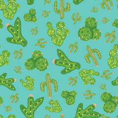 Seamless vector pattern with cactus on green background