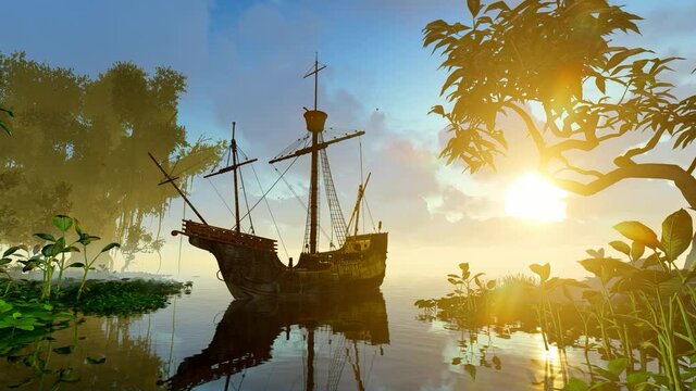 Old ship in the bay of the island. Animation on the theme of travel and stories, transport, territories and climate.