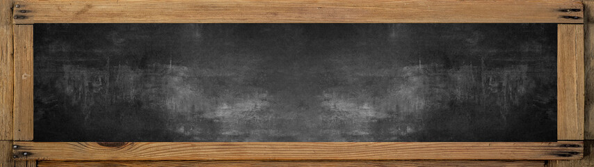 School background banner panorama - Empty blank old anthracite blackboard chalkboard texture with...