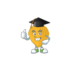 Happy face Mascot design concept of yellow clamp wearing a Graduation hat