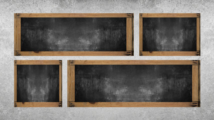 Collage of many empty blackboards / chalkboards with wooden frame hang on wooden wall texture, with copy space