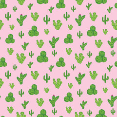 Cute small cactus plants seamless pattern on pastel pink background