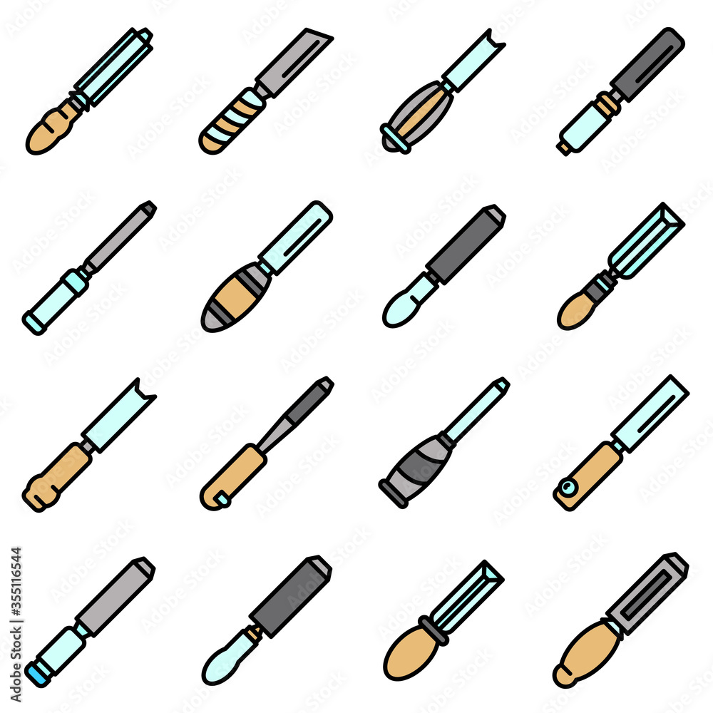 Poster Chisel icons set. Outline set of chisel vector icons for web design isolated on white background