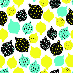 Hand drawn lemons seamless pattern on white background. Vector clipart repeating illustration of fruits for fabric design, party paper, wallpaper.