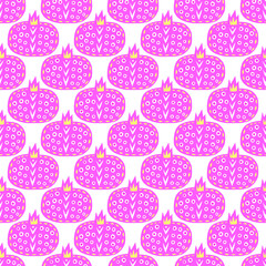 Cartoon pomegranate silhuettes with decorative elements seamless repeating pattern. Fruits isolated on white background. Vector illustration in modern style.