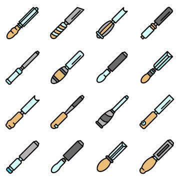 Chisel icons set. Outline set of chisel vector icons for web design isolated on white background