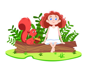 Young girl sitting on a tree with her squirrel friend. Book illustration of a girl.