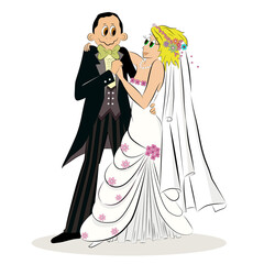 Cartoon colored vector illustration of a wedding couple, bride and a groom hugging each other eye to eye on their wedding day