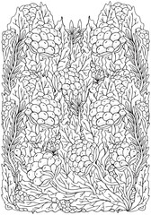 Seamless pattern. Coloring book page with different flowers, berries and leaf in zentangle style. Black and white vector illustration. Doodle, hand drawn, zen art, anti stress.