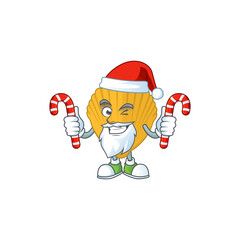 Cartoon character of yellow clamp as a Santa having candies