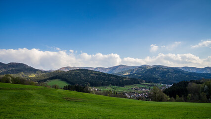 Fototapeta na wymiar Germany, Green meadows and trees of black forest nature landscape with moving clouds and shadows over mountains and valleys at a small village