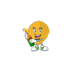 Happy face of yellow clamp cartoon design toast with a bottle of beer