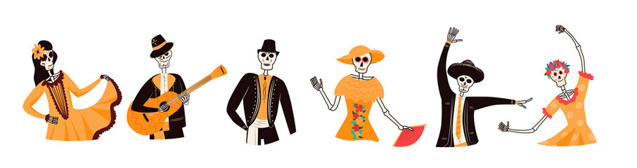 Set of happy smiling skeleton characters in traditional Mexican costume. Dia de Los Muertos vector flat cartoon illustration.