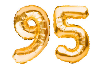 Number 95 ninety five made of golden inflatable balloons isolated on white. Helium balloons, gold...