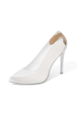 Sectional view of a white shoe with a beige cushion pad fixed on the inside of the heel. The showpiece is isolated on a white background. 
