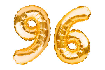 Number 96 ninety six made of golden inflatable balloons isolated on white. Helium balloons, gold...