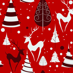 Christmas seamless pattern Vector background with deers and christmas tree Wrapping paperor wallpaper design