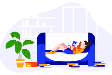 Cool vector illustration on woman reading book lying on couch with a cat. Young adult girl having a rest with good book. Girl enjoying good book on couch at home